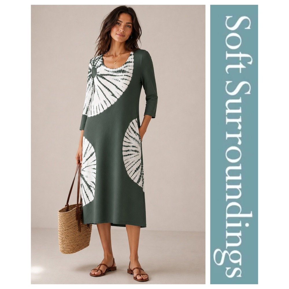 Soft Surroundings Santiago Green Sand Dollars ¾ Sleeve Tie-Dye Midi Dress M